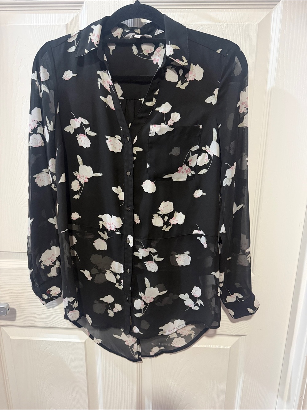 Candie's Black Sheer Floral Button-Front Blouse